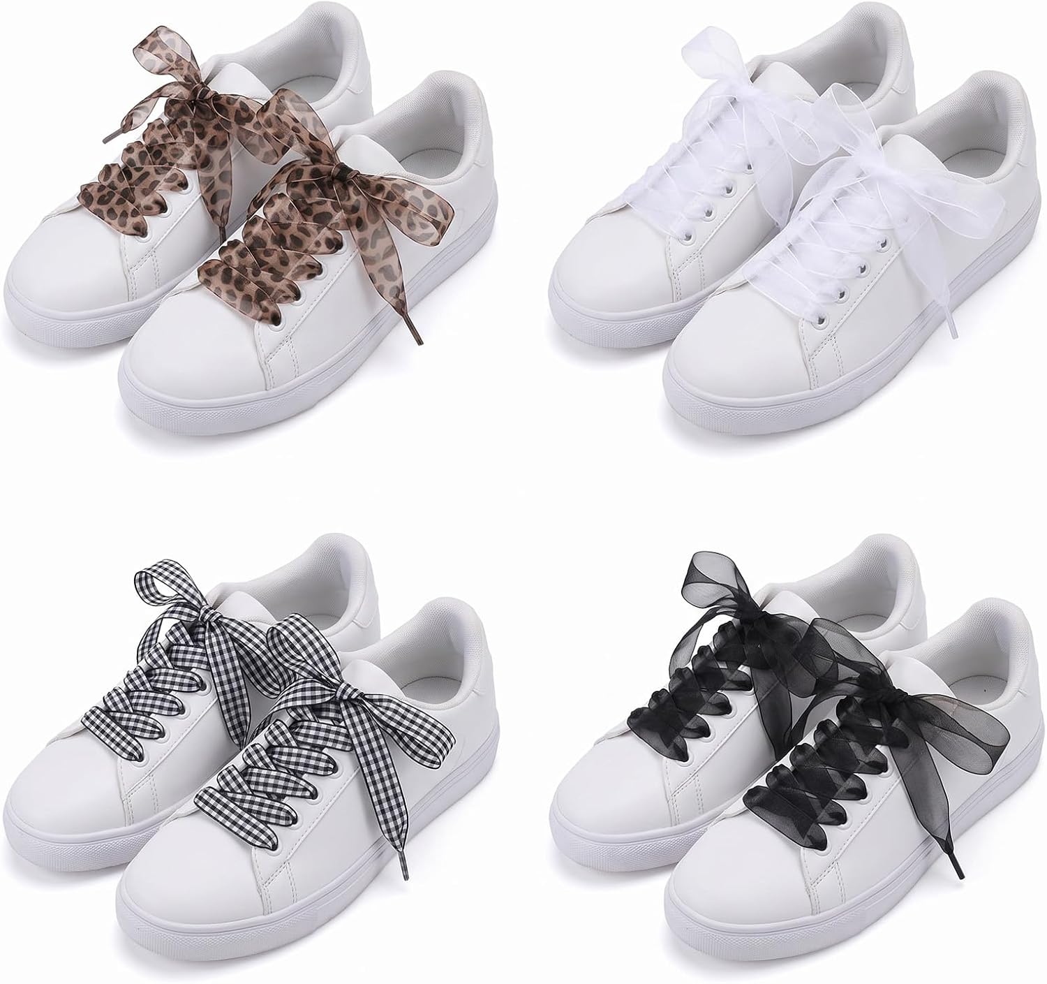 4 Pairs Shoe Laces for Sneakers, Ribbon Shoe Laces for Women's Sneakers Fashion Soft Satin Ribbon Shoelaces Fabric Ribbons Plaid Shoes Lace Wide Casual Shoelaces for Women Girls