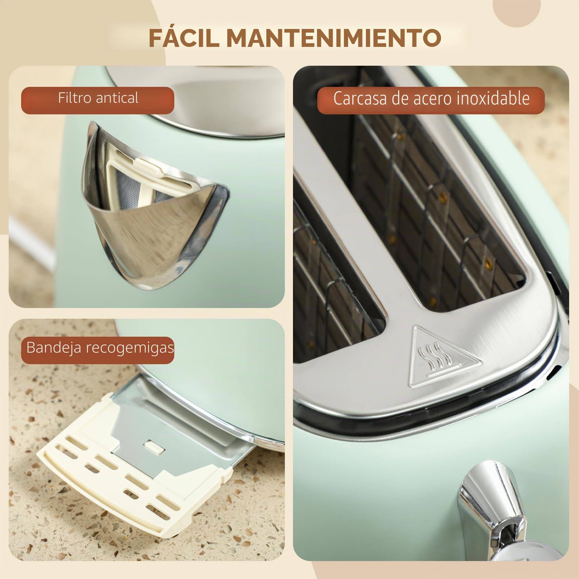 HOMCOM Set de Hervidor y Tostadora Acero Inoxidable 2200W 1.7L Verde | 2 Rebanadas, 7 Niveles de Tostado, Calentamiento Rápido, Termostato Strix, Filtro Anti-Cal, Bandeja de Migas
