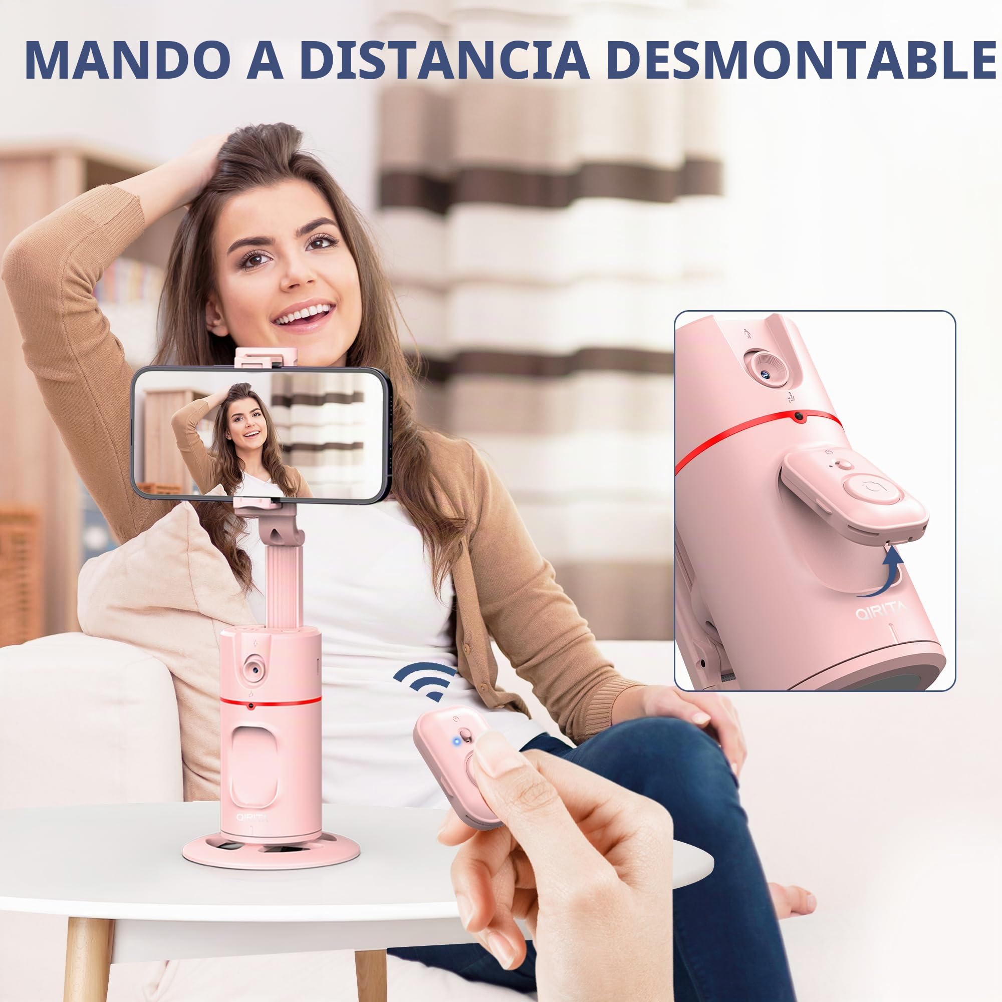 Automatic Face Tracking Mobile Stand, Gesture Control & Remote Control, 360 Degree Rotating Mobile Camera Stand, iPhone Selfie Stick Tripod, Telescopic Bar (Pink)