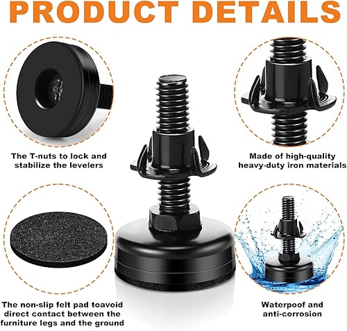 Miniatura 3 de Pinkunn 32 pies de nivelación ajustables con kit de tuercas en T de 3/8 a 16 hilos para muebles, patas ajustables de metal, patas resistentes,