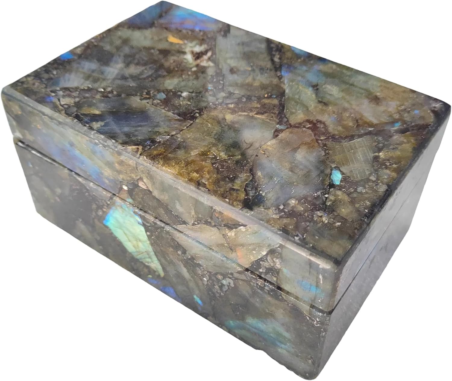 Labradorite Jewelry Box Healing Crystal Gemstone Vanity Keepsake Storage Organizer for Earrings and Necklaces, Trinket Holder for Weddings and Birthdays, Engagement, Valentine's Day