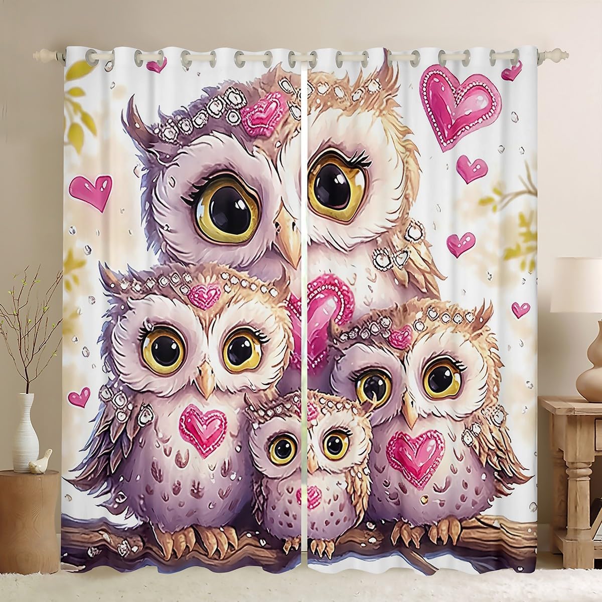 Manfei Cute Owl Blackout Curtain Pink Hearts Print Window Drapes for Kids Boys Girls Room Decor, Cartoon Wildlife Window Treatments, Grommet Top 2 Panel Set Bedroom Curtains, 42Wx63L inch