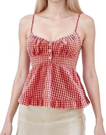 Womens Y2K Plaid Tank Tops Spaghetti Strap Gingham Peplum Tops Summer Casual Button Babydoll Camisoles Shirts