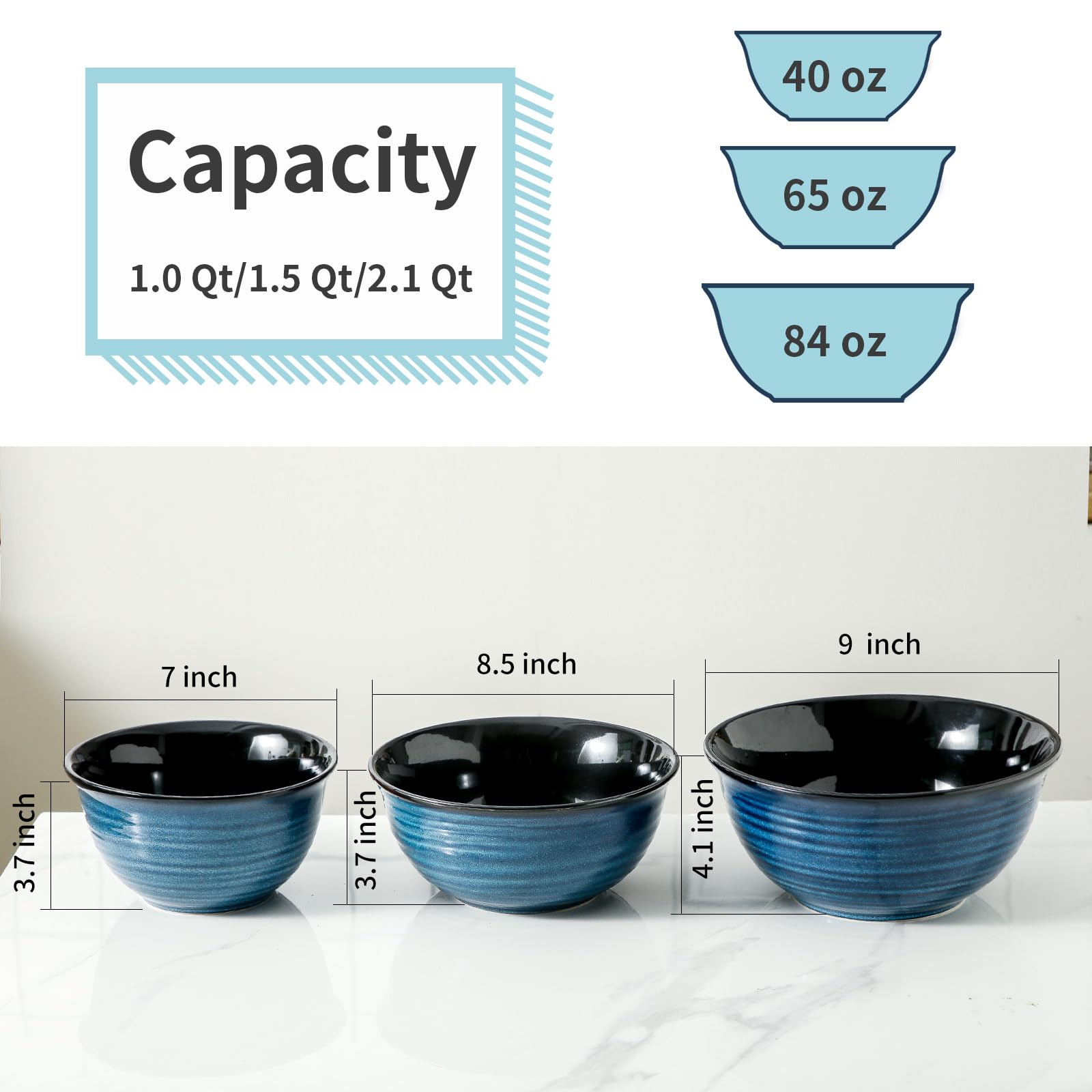 Hasense Cuencos para mezclar, juego de cuencos de cerámica para cocinar, hornear, preparar, cuencos grandes para ensaladas, frutas, palomitas de maíz, 2.1/1.5/1.0 cuartos de galón, aptos para