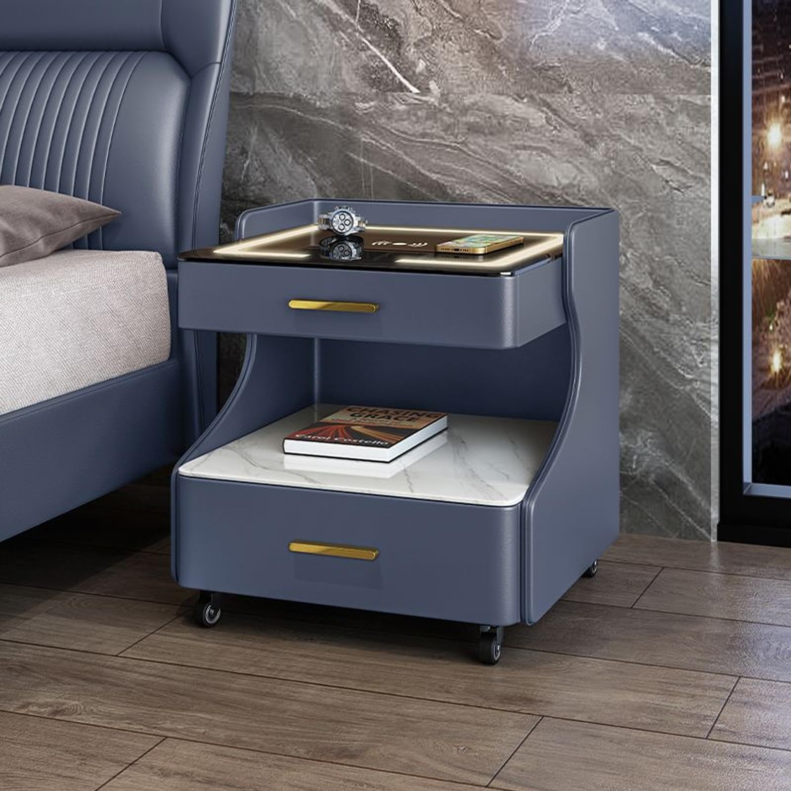 Table de chevet moderne bleu clair pour illuminer et recharger votre chambre