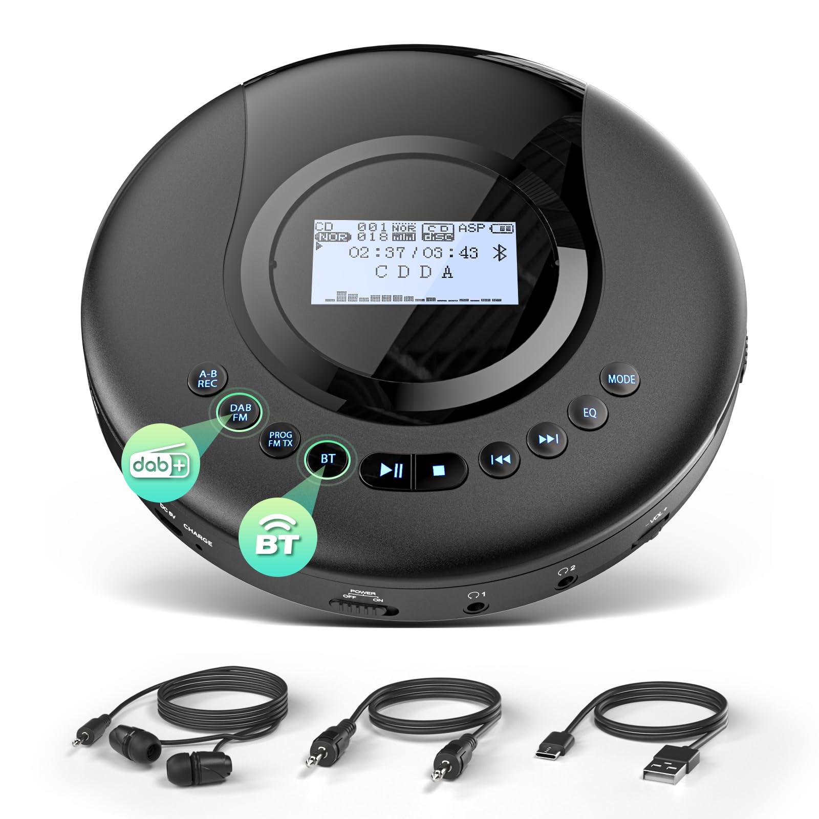 Arafuna Lecteur CD Portable - Discman - Radio Dab+/FM - CD, CD-R/RW, Lecteur CD Bluetooth avec Fonction Livre Audio - Antichoc - Batterie intégrée 2000 mAh - Noir