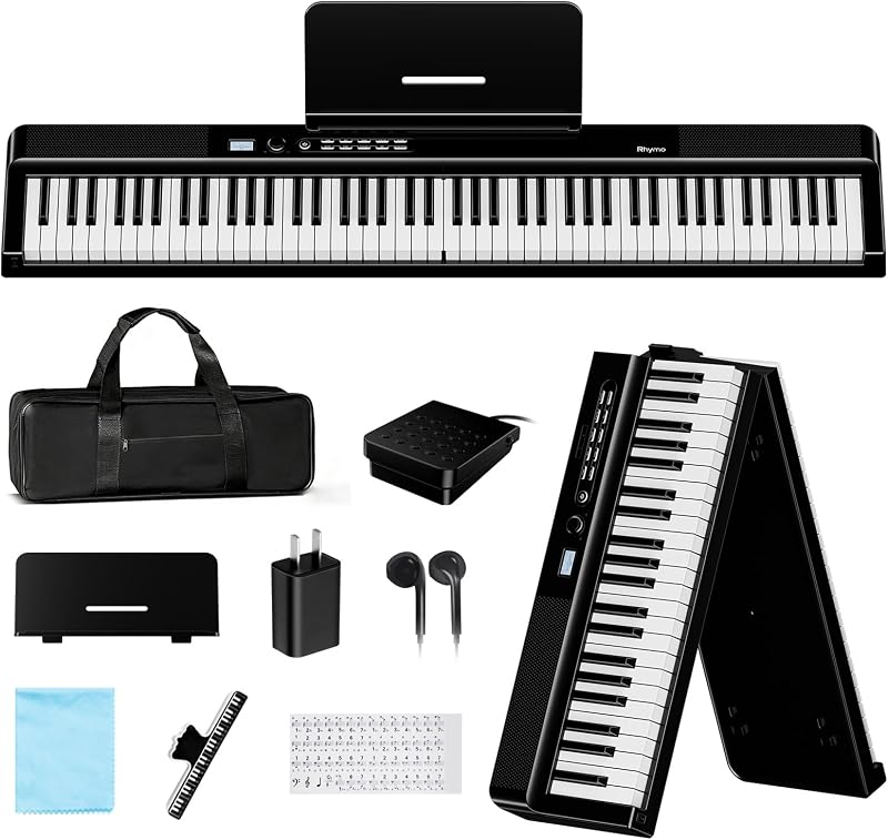 Piano con teclado plegable, Rhymo actualizado 88 teclas, teclado de piano eléctrico portátil semipesado de tamaño completo con parlante envolvente estéreo de 30 W, USB MIDI, pedal de sostenido para principiantes y adultos (negro)