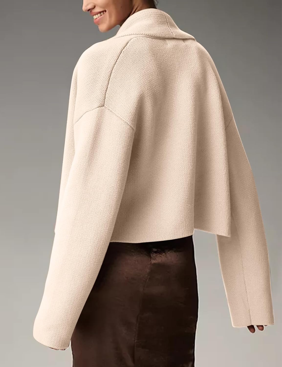 Flygo Women's Cropped Cardigan Sweater Oversized Shawl Lapel 2025 Fall Fashion Open Front Sweater Jacket Knit Outwear - Image 3