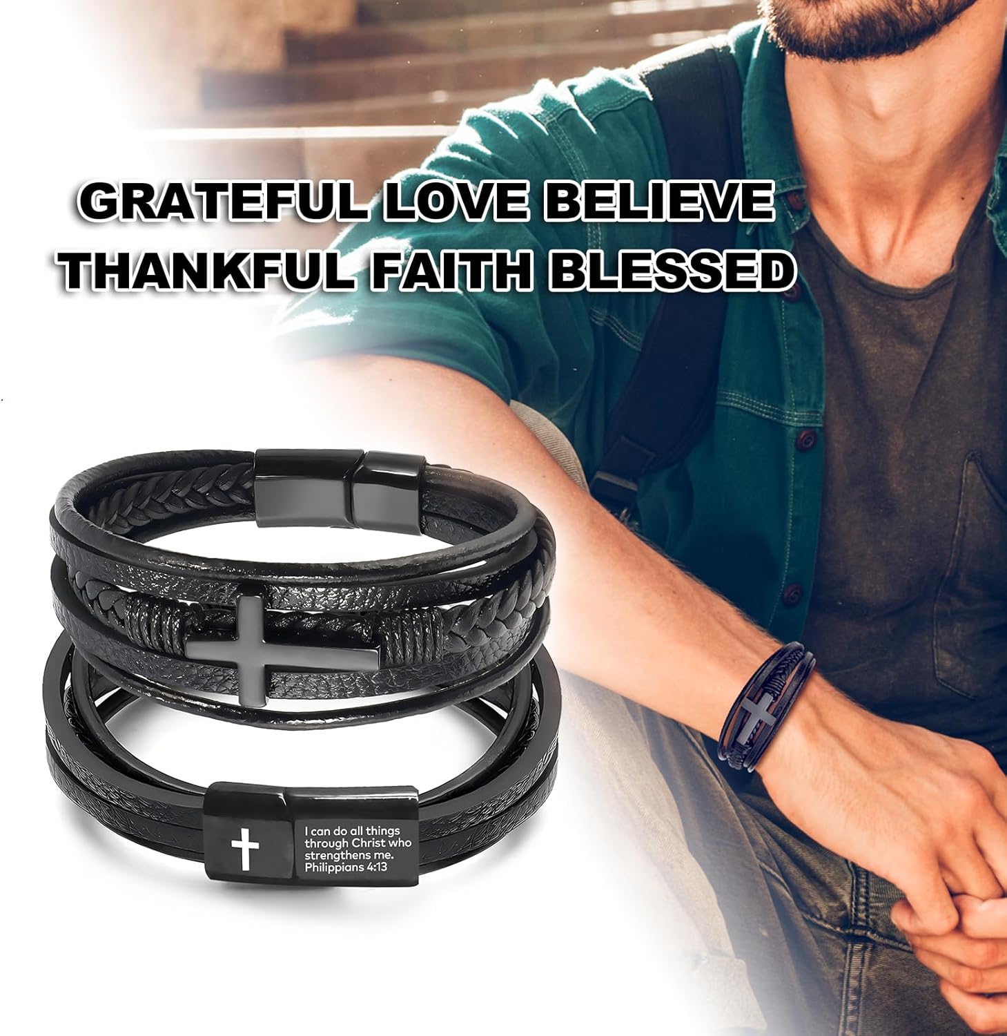 Men's Leather Faith Cross Bracelet, Multi-Layer Braided Leather Bracelets, Jesus Catholic Christian Religious Jewelry Gift for Dad,Friends,Brother - Image 4