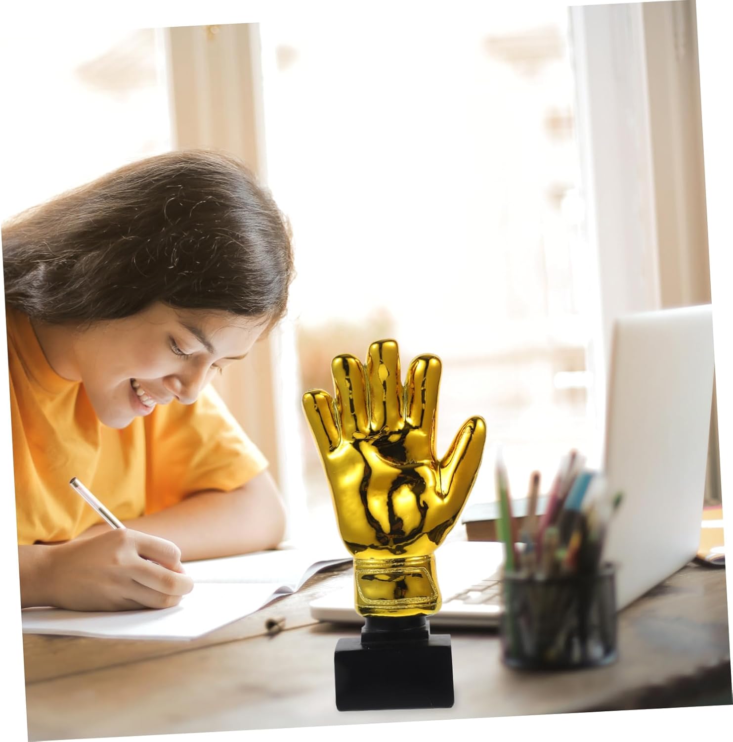 Yardwe Golden Plating Resin Goalkeeper Trophy with Base Soccer Gloves Shape Award for Adult Winners School Office Match Prize Durable Glove Award for Kindergarten and Company Events