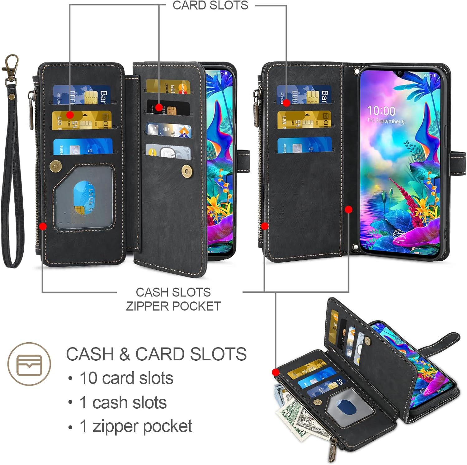 Asuwish Phone Case for LG G8X ThinQ V50S Thin Q Wallet Cover and Tempered Glass Screen Protector Leather Flip Credit Card Holder Stand Lanyard Rugged Cell Accessories LGG8XThinQ GX8 8X Women Men Black