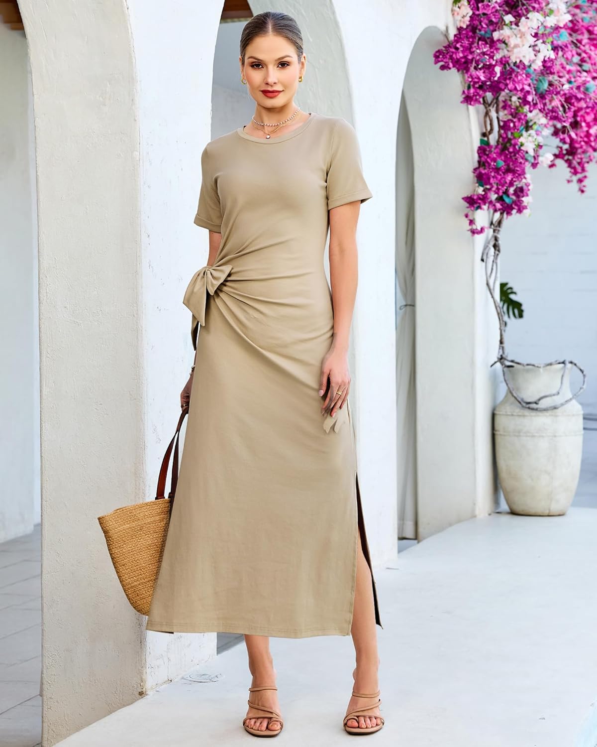 GRAPENT Long Dresses for Women Casual Summer Side Split Beach Vacation Short Sleeve Self Tie 2026 Comfy Tshirt Dress - Image 2