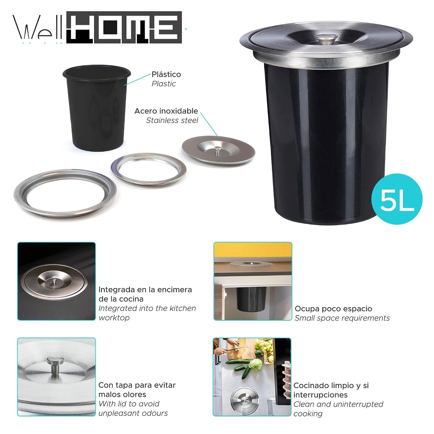Well Home 5L Black WORKTOP BIN with Stainless Steel LID