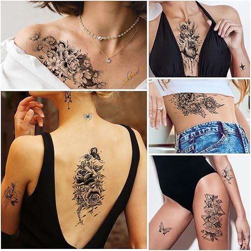 Miniatura 7 de Cerlaza 30 hojas de tatuajes de flores y mariposas temporales para mujeres, incluye 6 hojas grandes de tatuajes falsos de flores negras para pierna