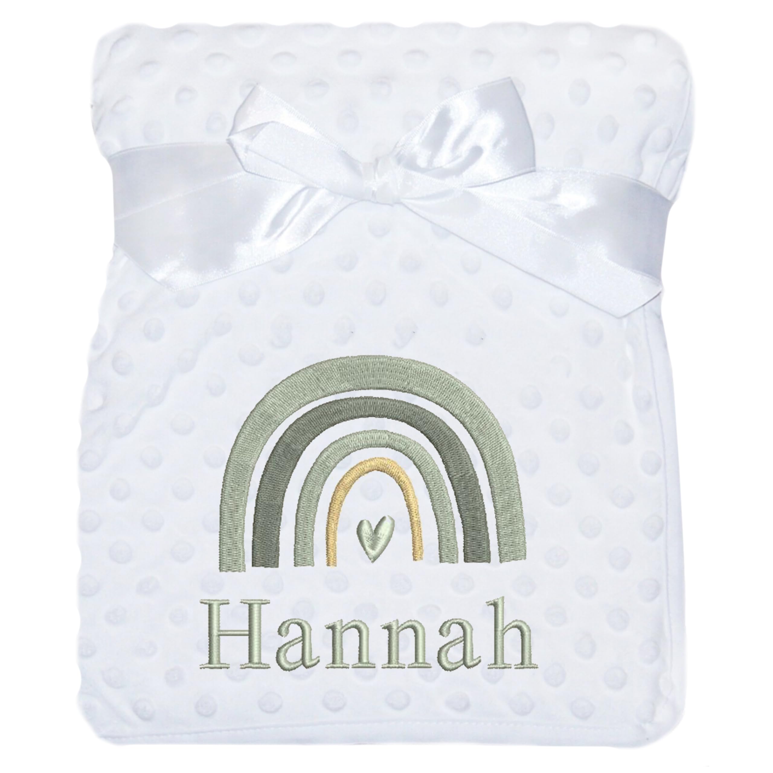 Personalised Baby Blanket Embroidered Rainbow and any Personalized Name Boys Girls Nursery (White Bobble)