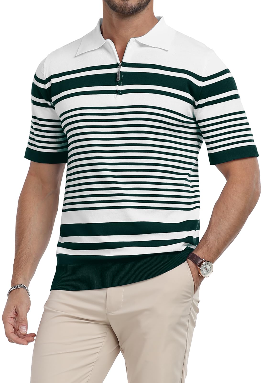 KUYIGO Men's Knit Collared Polo Shirts Short Sleeve Zipper Striped Tops Classic Fit Casual Soft T-Shirt