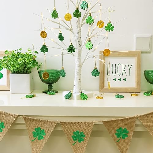 Miniatura 5 de Decoraciones del día de San Patricio árbol de abedul iluminado de 23.2 pulgadas con 36 adornos de trébol y monedas de oro para el hogar, mesa,