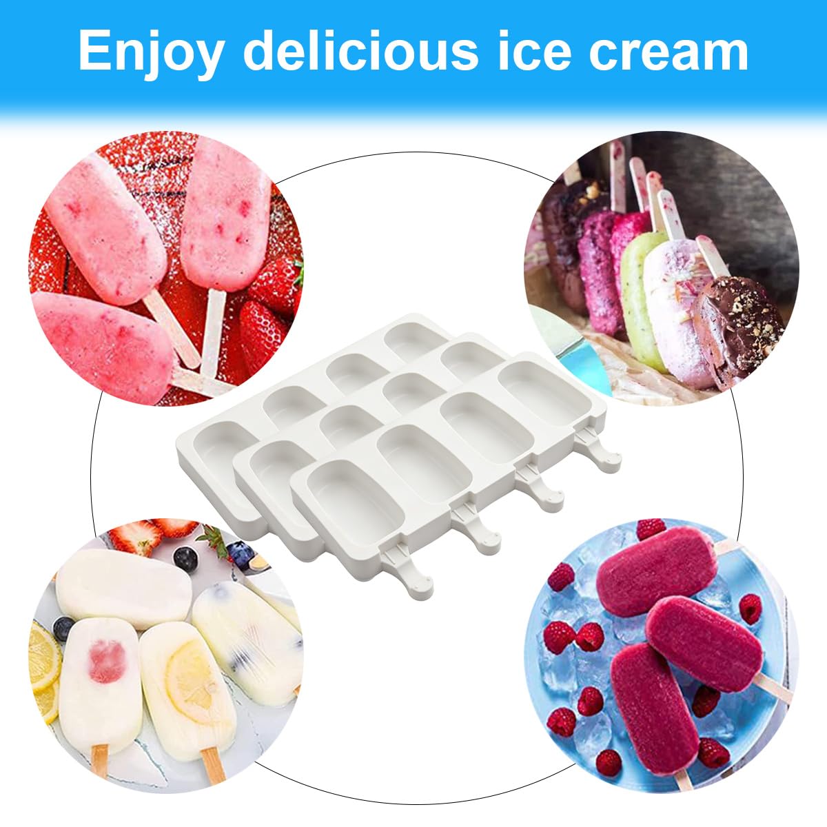 3 Juegos Moldes para palitos de helado, 4 cavidades de molde, Molde Helado Silicona sin BPA, Moldes Paletas, con 100 palitos, 100 bolsas OPP, 100 bridas para cables, 100 pegatinas