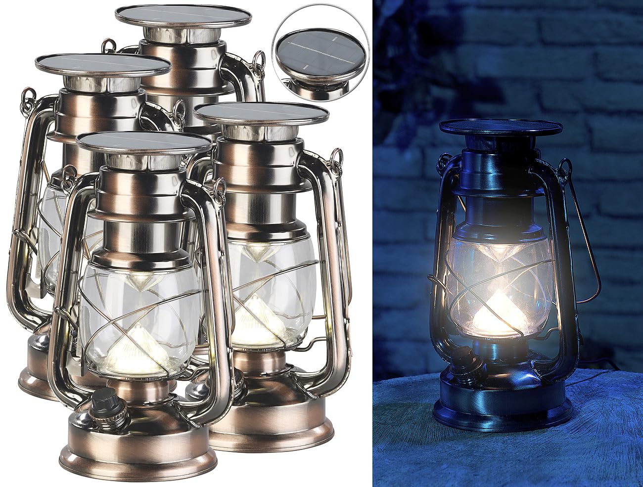 Lunartec Solar-Laterne LED: 4er-Set helle Solar-LED-Sturmlampe, 200 lm, 3 W, warmweiß, Bronze (Hängelampe, Stalllaterne, Haken)