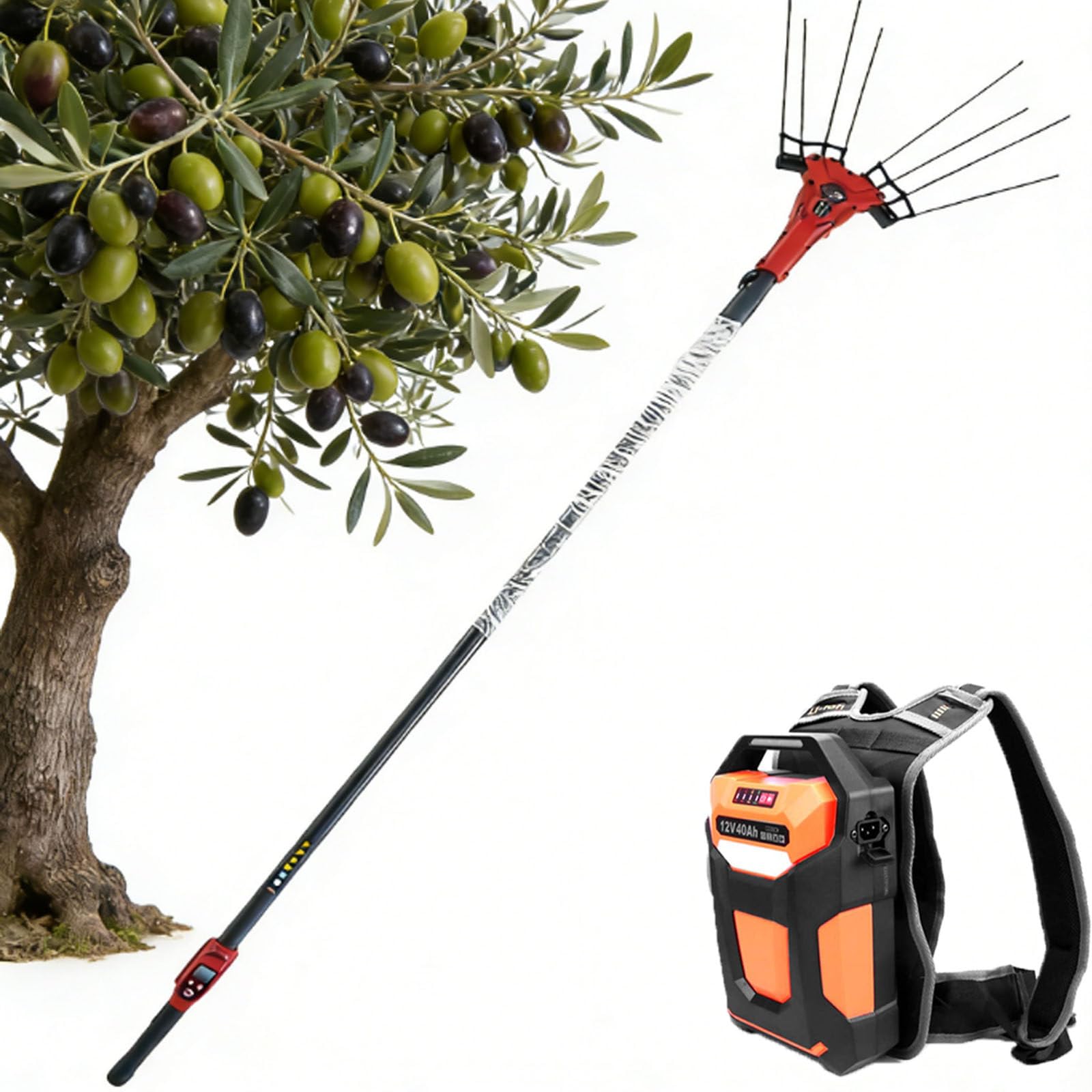 Sacudedor Eléctrico Inalámbrico para Árboles Frutales,Cosechador Eléctrico De Aceitunas con Doble Velocidad Y Pértiga Telescópica De 1,74 A 3 Metros,Cosechador De Fruta Motorizado 600W