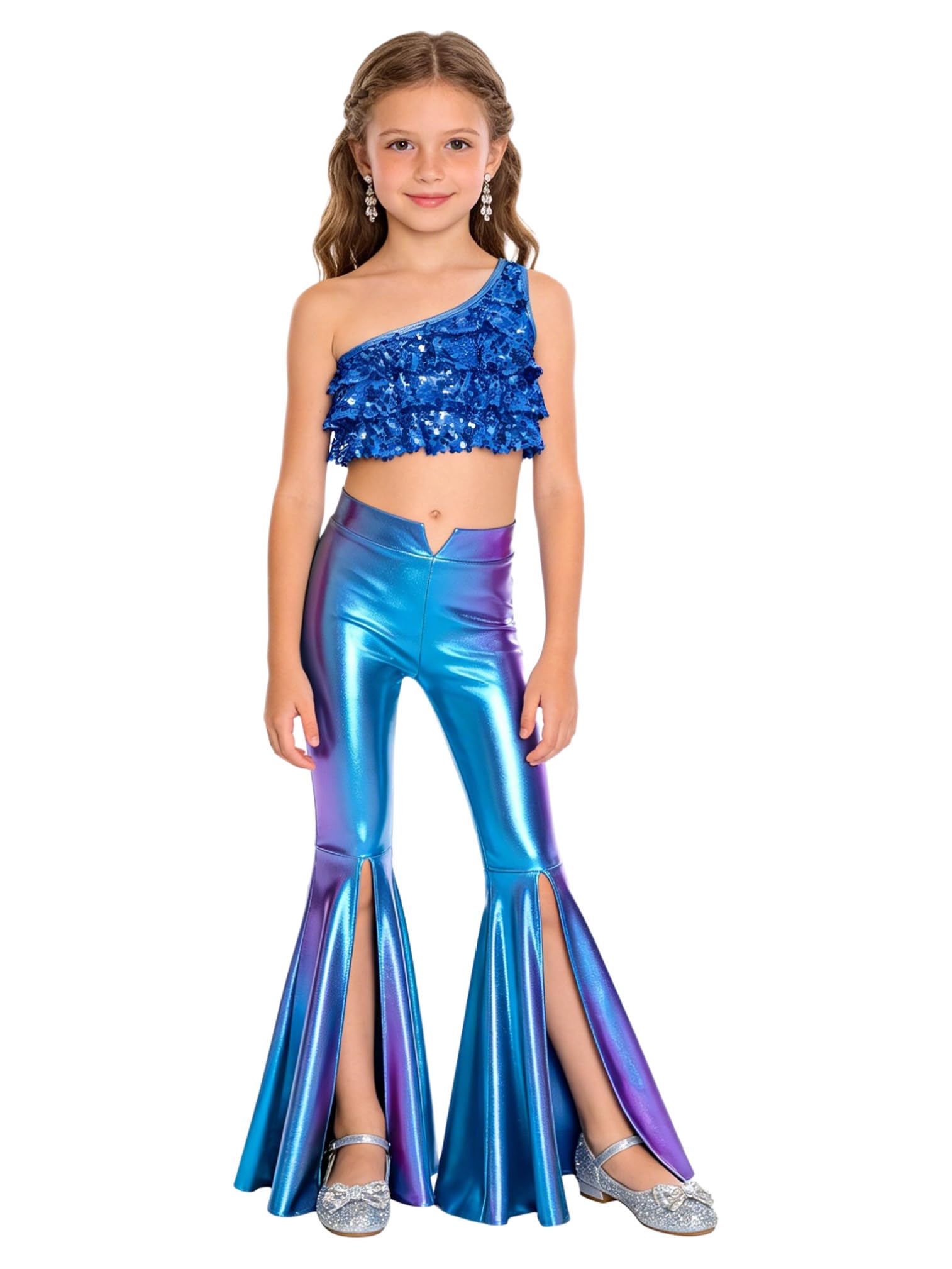 ranrann Tuta da Ginnastica Artistica Ragazza Monospalla Crop Top in Paillettes e Pantaloni a Zampa Completo Sportivo da Danza Moderna Jazz Hip Hop Ballo di Strada B Blu reale 13-14 anni