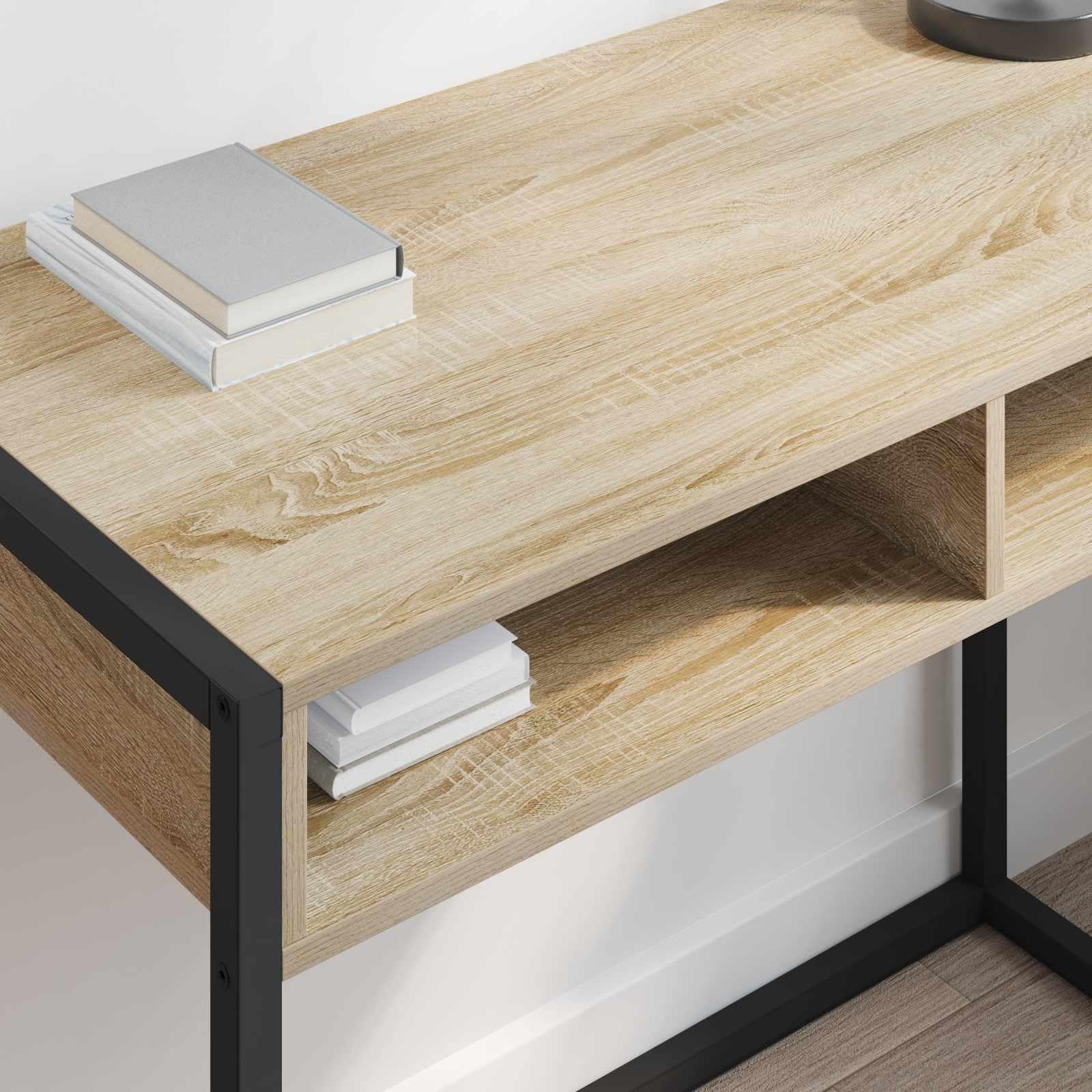 Scrivania con vano portaoggetti, in legno Sonoma, 100 x 50 x 75 cm, tavolo da lavoro per casa, ufficio, studio, con cassetto, ripiano e scaffale, per laptop, PC, monitor, gaming, studio