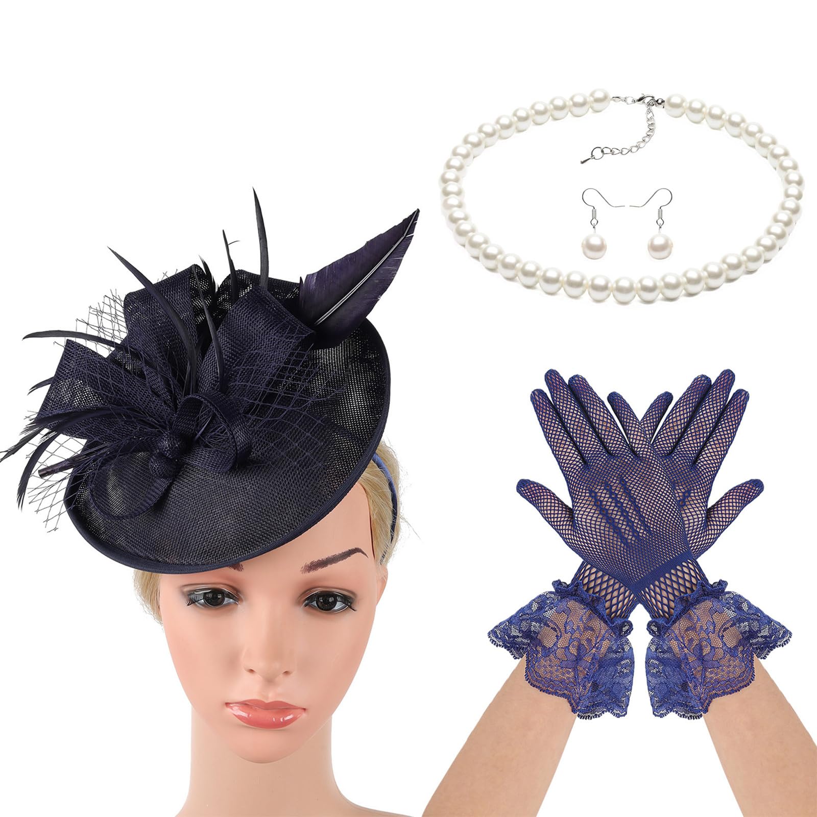 MICFENY French Feathered Bowknot Hat Necklace Earrings Gloves Set Costume Accessory For Formal Event Gathering Dressingup
