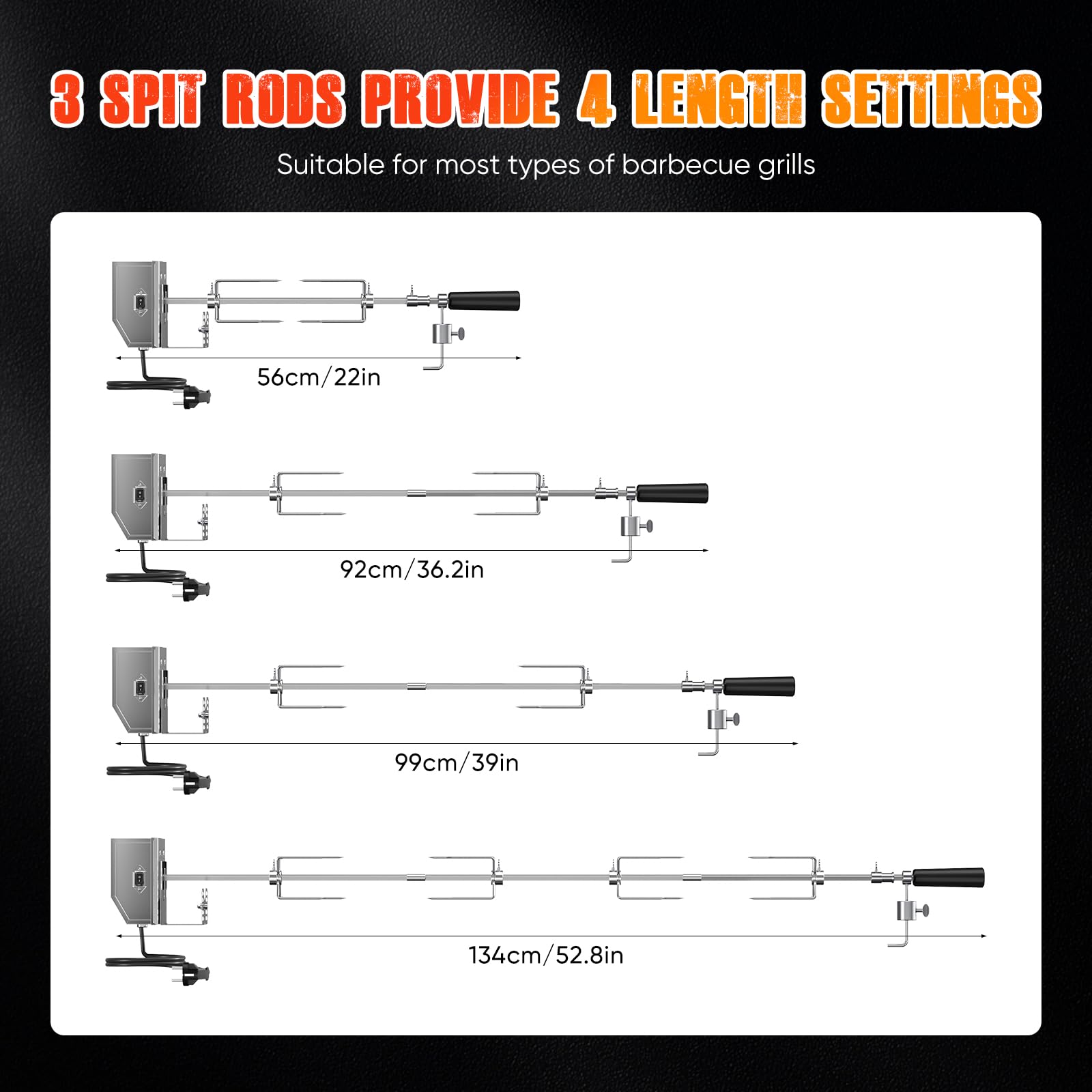 Universale girarrosto per Barbecue Lunghezza Regolabile 56-134 cm 3RPM 2X forchetta Girarrosto per Barbecue girarrosto Elettrico