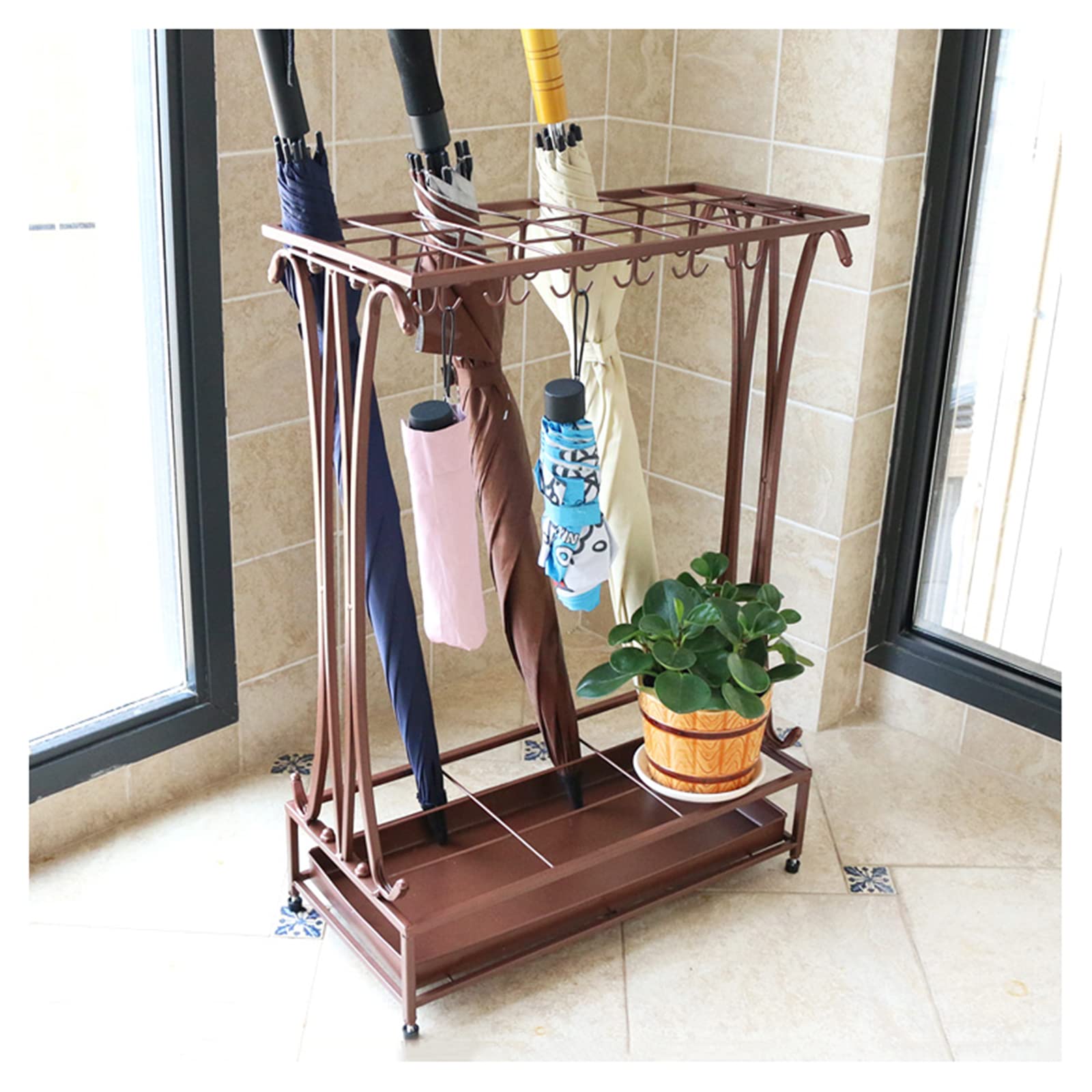 FCXWEVR High Capacity Umbrella Stand with 21 Holes and 24 Hooks for Hallway Office and Door Brown Commercial/Home Umbrella Rack