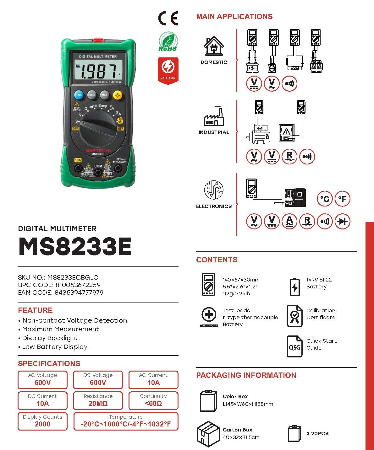 MGL MASTECH MS8233A MS8233B MS8233C MS8233D MS8233E Digital Multimeter DMM Meter AC/DC Voltage Current Ohm Meter with Temperature Diode Continuity Tester(MS8233E)