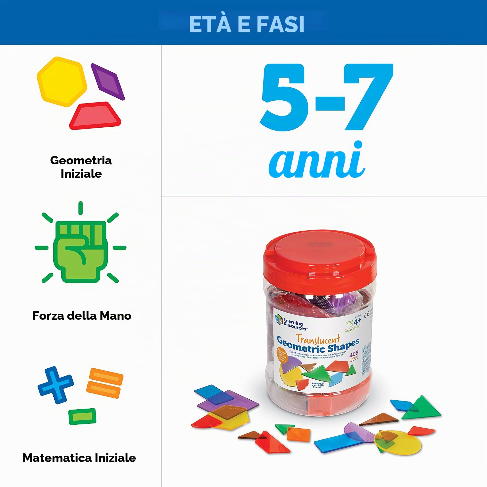 Learning Resources Secchiello Forme Geometriche Trasparenti – 14 Forme 2D Colorate per attività Didattiche, Giochi Educativi per Bambini 4+, Idea Regalo Natale STEM