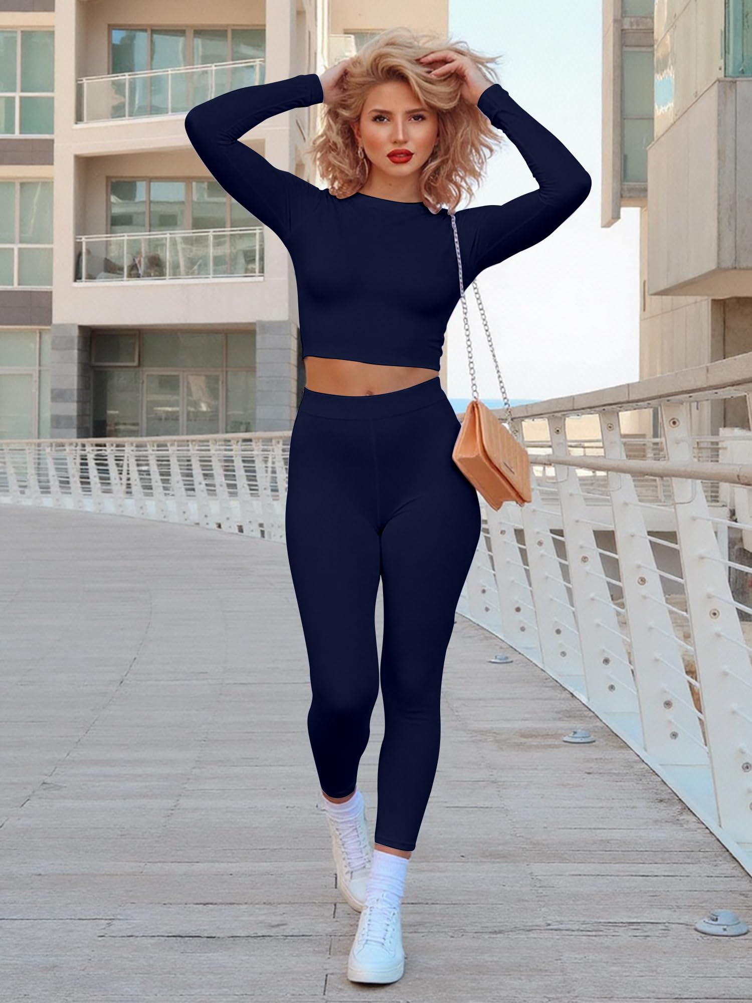 Kaximil Damski dres treningowy 2-częściowy strój z długim rękawem krótki top z wysokim stanem legginsy zestaw