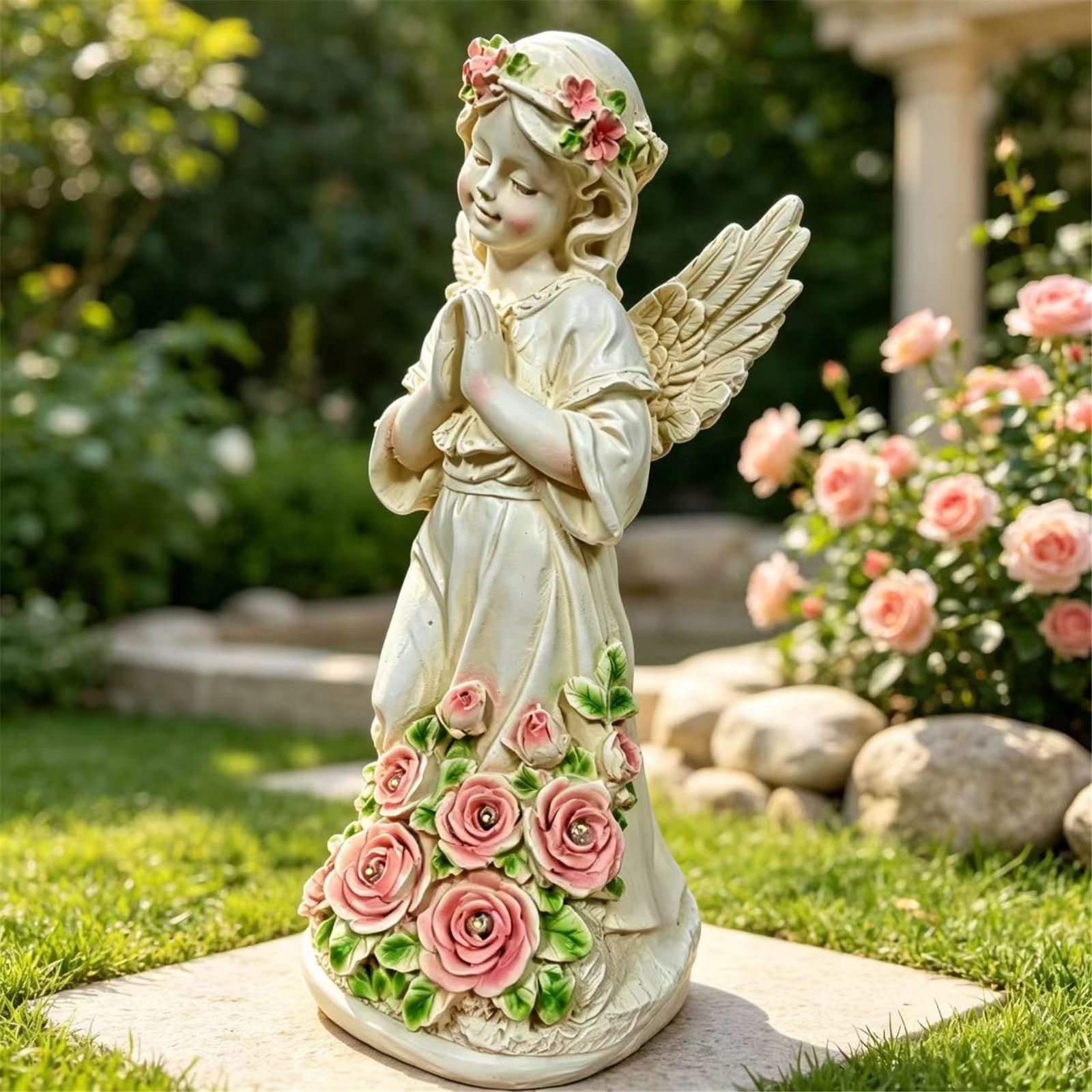 HABITZ Fata dei Fiori Notte LED Luce Resina Angelo Giardino Scultura Ornamenti Statua Decorazioni Esterni Figurine Ad Energia Solare Regali Decorazione for Patio,Balcone Tomba Accessori Esposizione