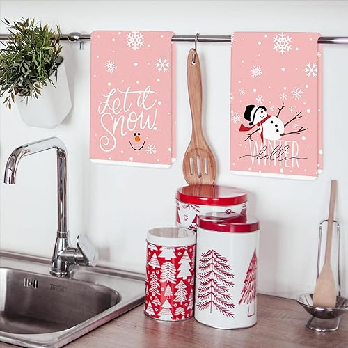 Miniatura 5 de AnyDesign - Toalla de cocina de muñeco de nieve de Navidad, toalla de cocina rosa con copos de nieve de 18 x 28 pulgadas, ultra absorbente, Let It