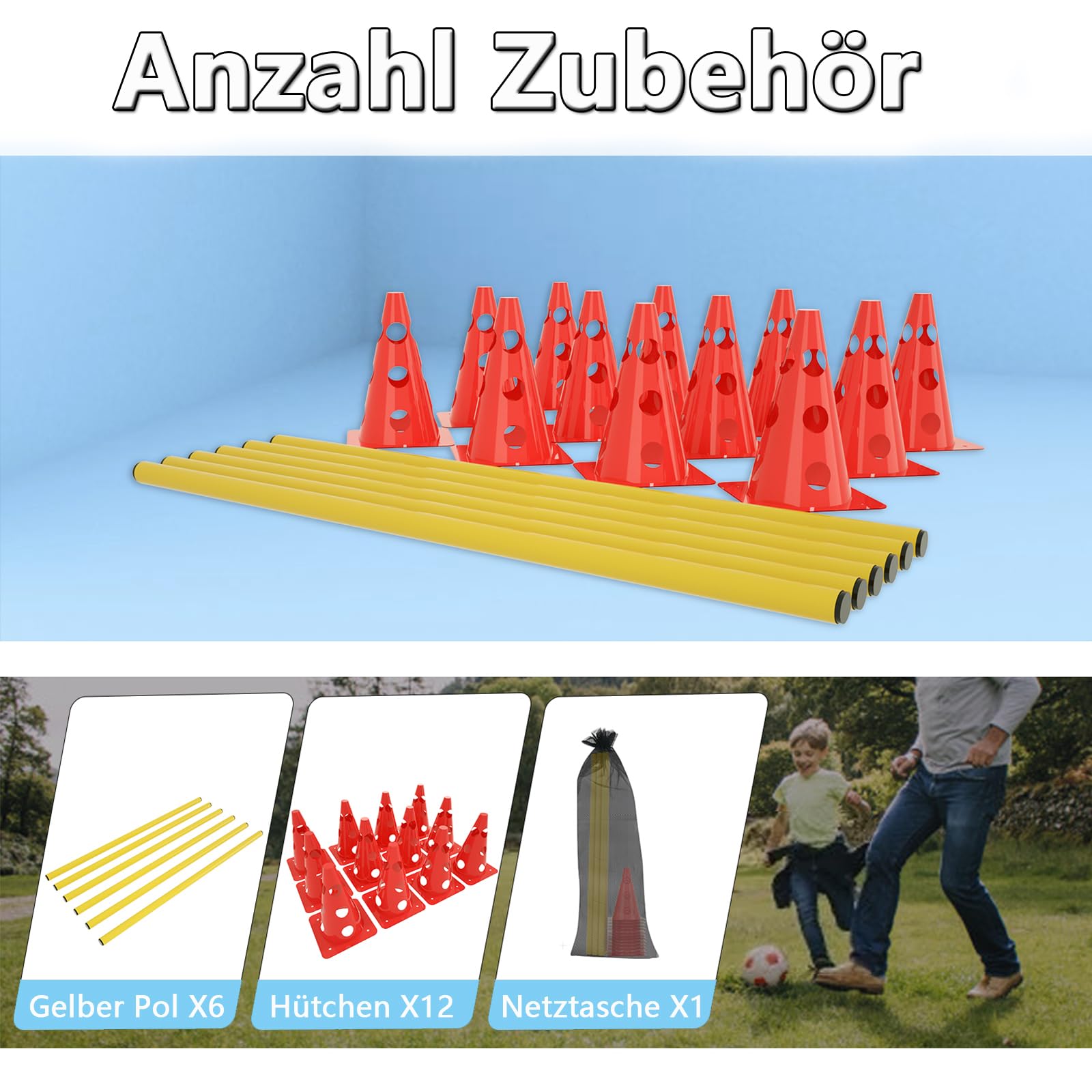 Sports, zestaw 6 płotek do treningu koordynacyjnego, zestaw wyposażenia Agility z 12 wielofunkcyjnymi stożkami i 6 drążkami treningowymi, zestaw akcesoriów treningowych dla psów, z regulacją