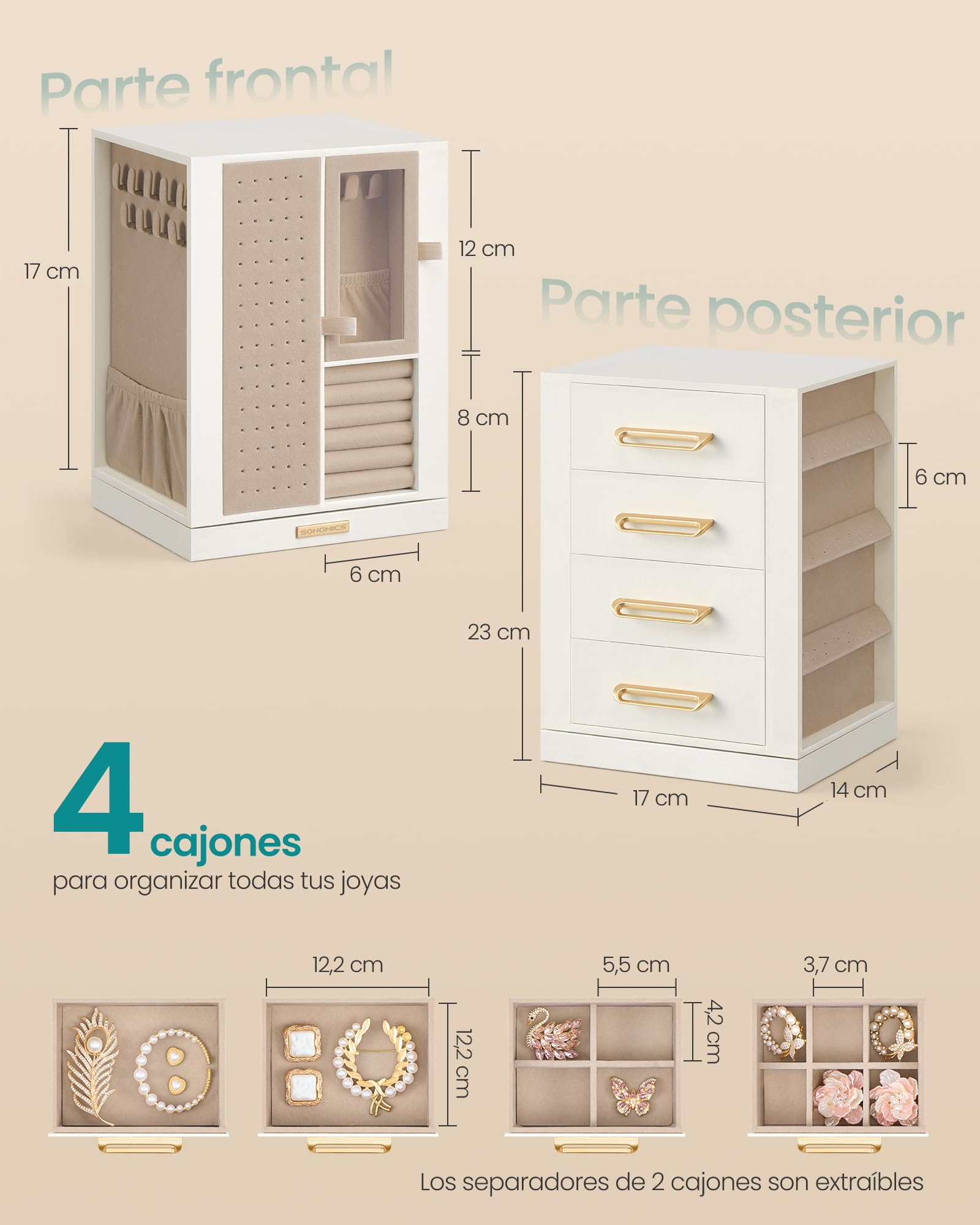 SONGMICS Caja de Joyería Giratoria 360°, con 4 Cajones