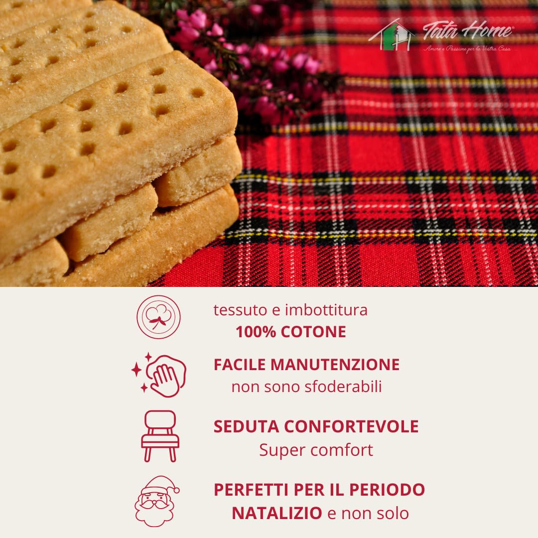 Tata Home Cuscino per Sedie Cucina 40x4 cm Cuscino Mattonella Sedia da Interno ed Esterno Cuscino Pavimento Materasso Trapuntato Imbottito Altezza 8 cm Mod. Scozzese Rosso (4 PEZZI)