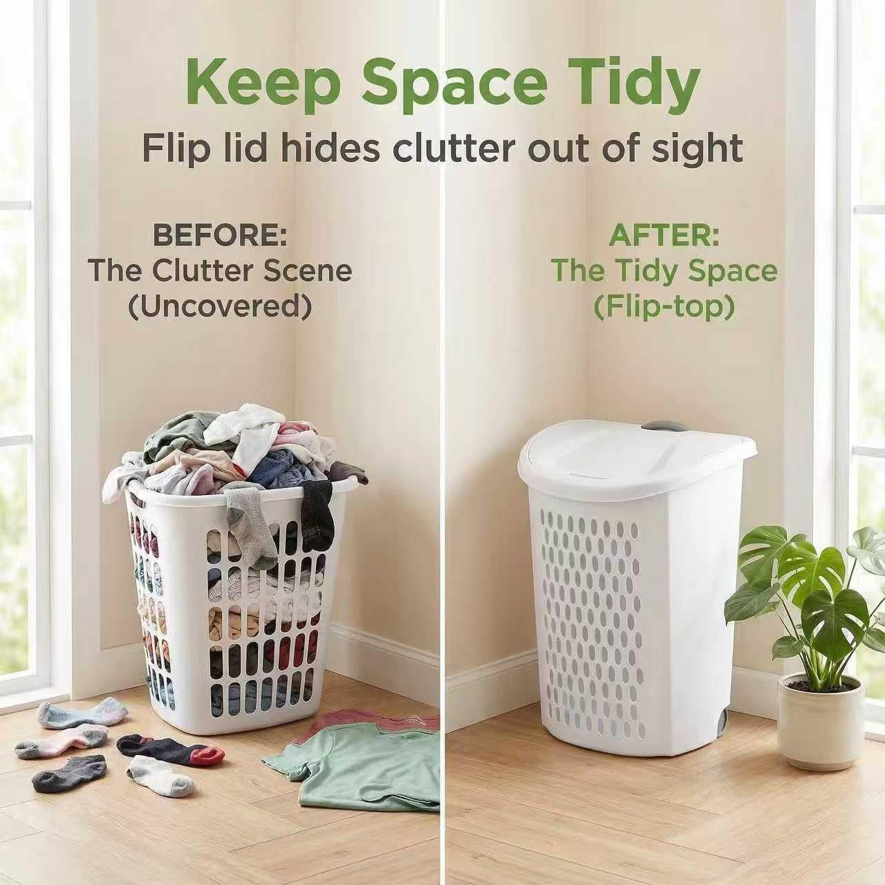 (1-Pack) Wheeled Laundry Basket - 135 Liters Large Capacity - White Plastic with a Cover and Extendable Handle, Suitable for Homes, Dormitories,Laundry Rooms and Apartments.