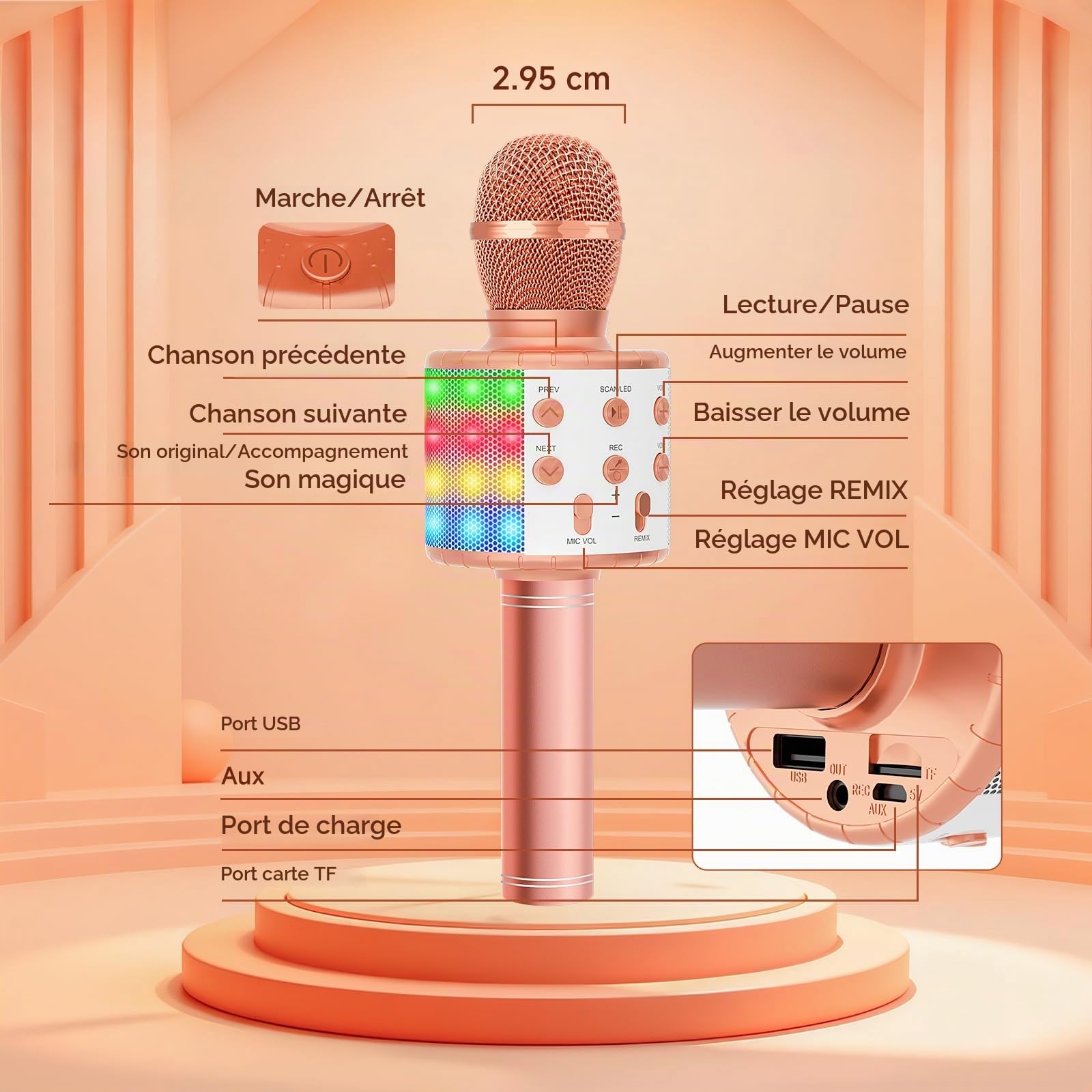 Fede Microphone Karaoké sans Fil Bluetooth avec Lumière LED Multi Couleur, Micro à Main Portable Haut-Parleur pour Enfants/Adultes Chanter, Compatible avec Android/iOS/PC/Smartphone