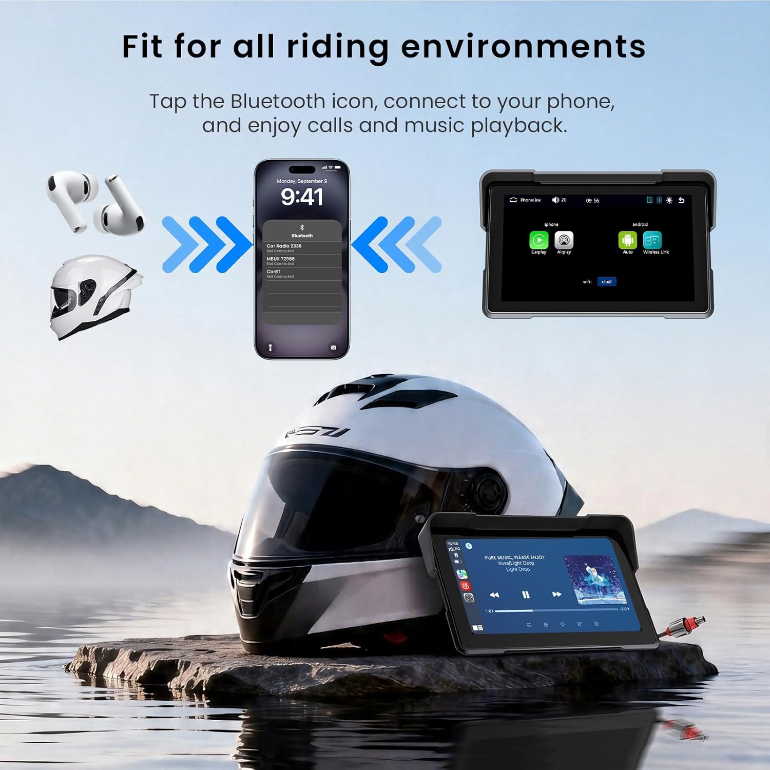7 Inch Portable Screen Wireless Motorcycle Carplay GPS Navigation System with A-pple Carplay and Android Auto,Bluetooth, Siri, Google Assistant, TPMS, Voice Control/ IP67K Waterproof Touchscreen