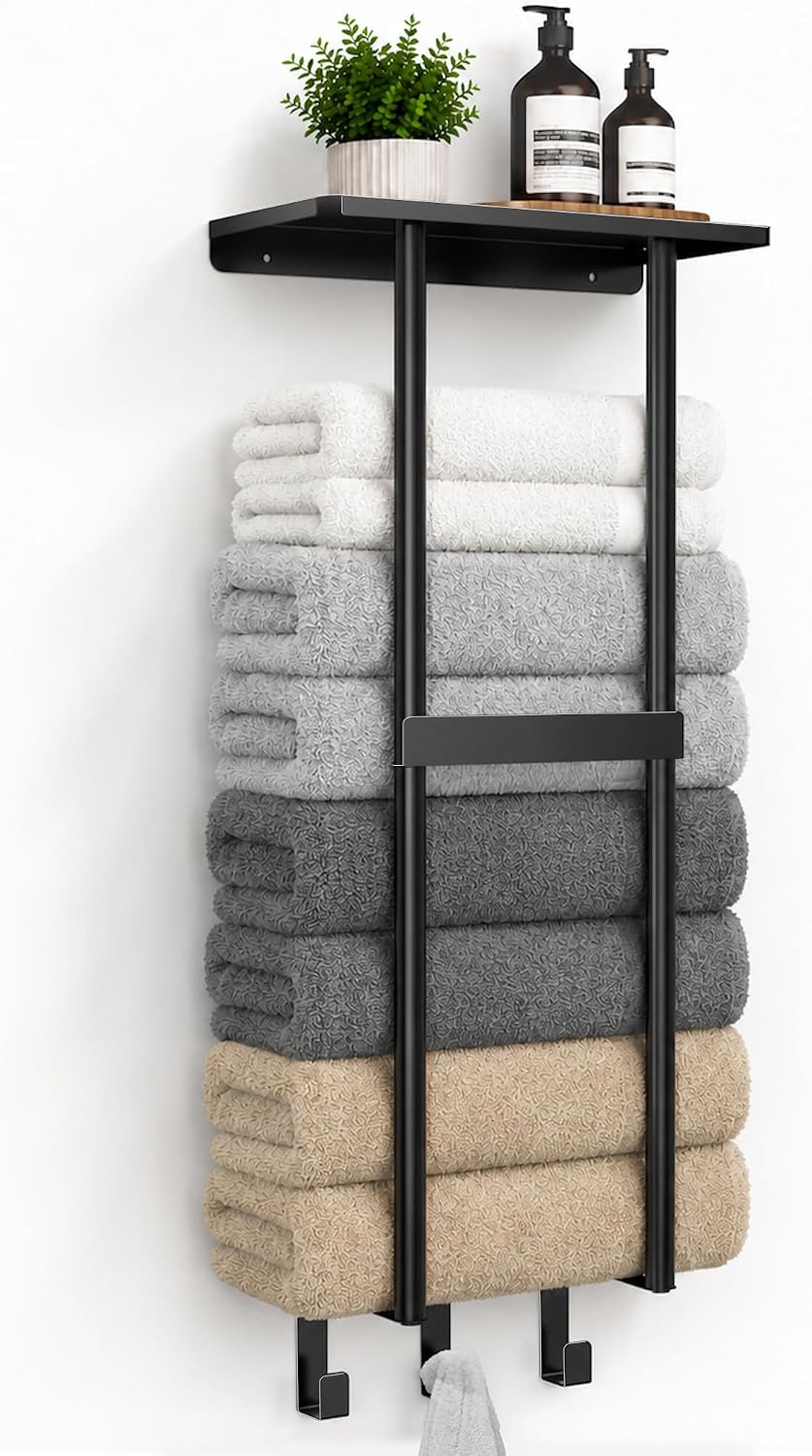 Kitsure Wall Mounted Towel Rack, Metal Towel Holder with Shelf, 29.3" H | Bathroom, Rolled Towels & Bath Essentials, Rust-Resistant, Storage Organizer, 5.8" D × 12.7" W, Black