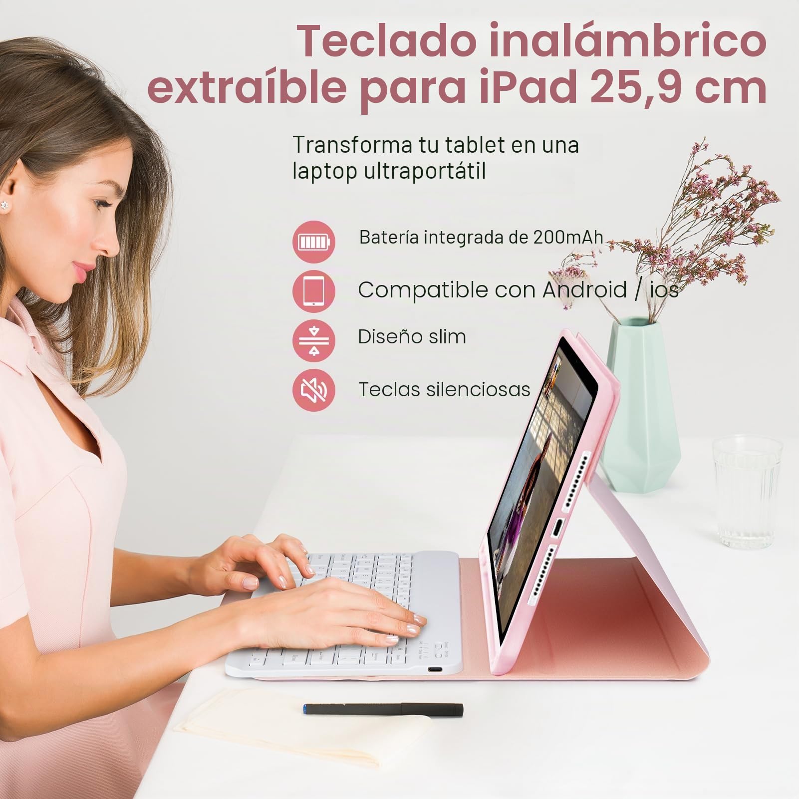 Funda con Teclado para iPad 10.2" 9ª/8ª/7ª Generación, iPad Air 3 y Pro 10.5 - Teclado Bluetooth Magnético Desmontable con Layout Español Ñ (Rosa 1)