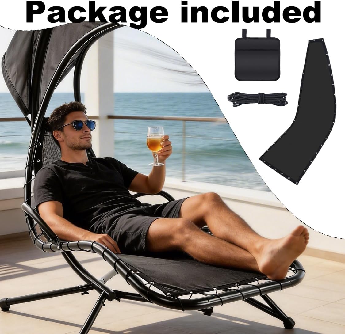 Hanging Lounge Chair Replacement Mesh with Rope Kits Heavy-Duty Waterproof Replacement Mesh for Curved Hanging Lounge Chaise Patio Chairs with Storage Bag, Black, 350 Lbs Capacity