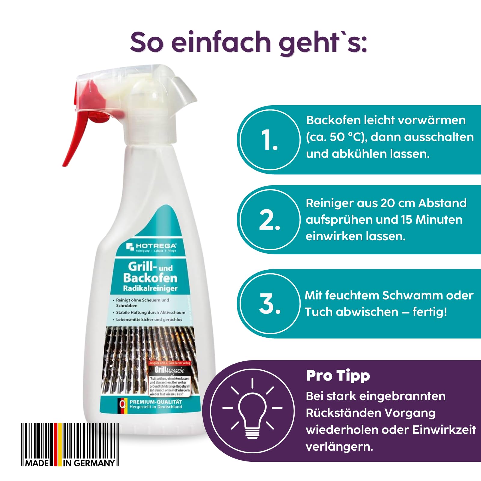 HOTREGA Grill & Backofen Radikalreiniger 500ml | Entfernt Eingebranntes | Inkl. Handschuhe | Reinigt Edelstahl, Glas, Keramik & Kochfelder | Lebensmittelsicher | Frei von Chlor & Lösemitteln
