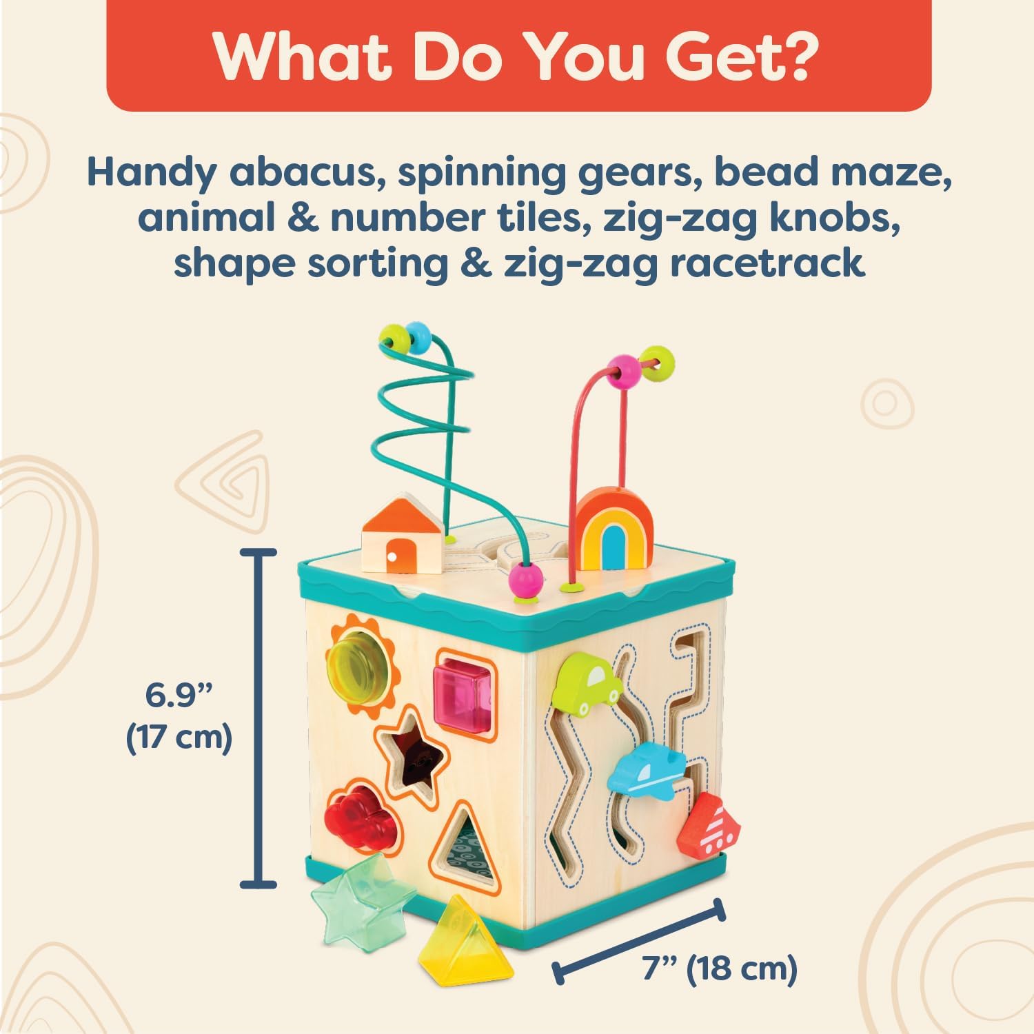 B. toys – Activity Cube – Educational Storybook Included – Wooden Shape Sorter, Bead Maze, Animal Tiles – Top Flips for Compact Storage – 12+ Months – Lil' Learning Cube