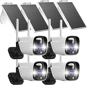 Rraycom 4 Pack Security Cameras Wireless Outdoor Solar Powered with AI Detection, 2K Color Night Vision Security Camera with 2 Way Audio, Alexa, No Monthly Fee, Spotlight & Siren, IP65 Waterproof asin的图片