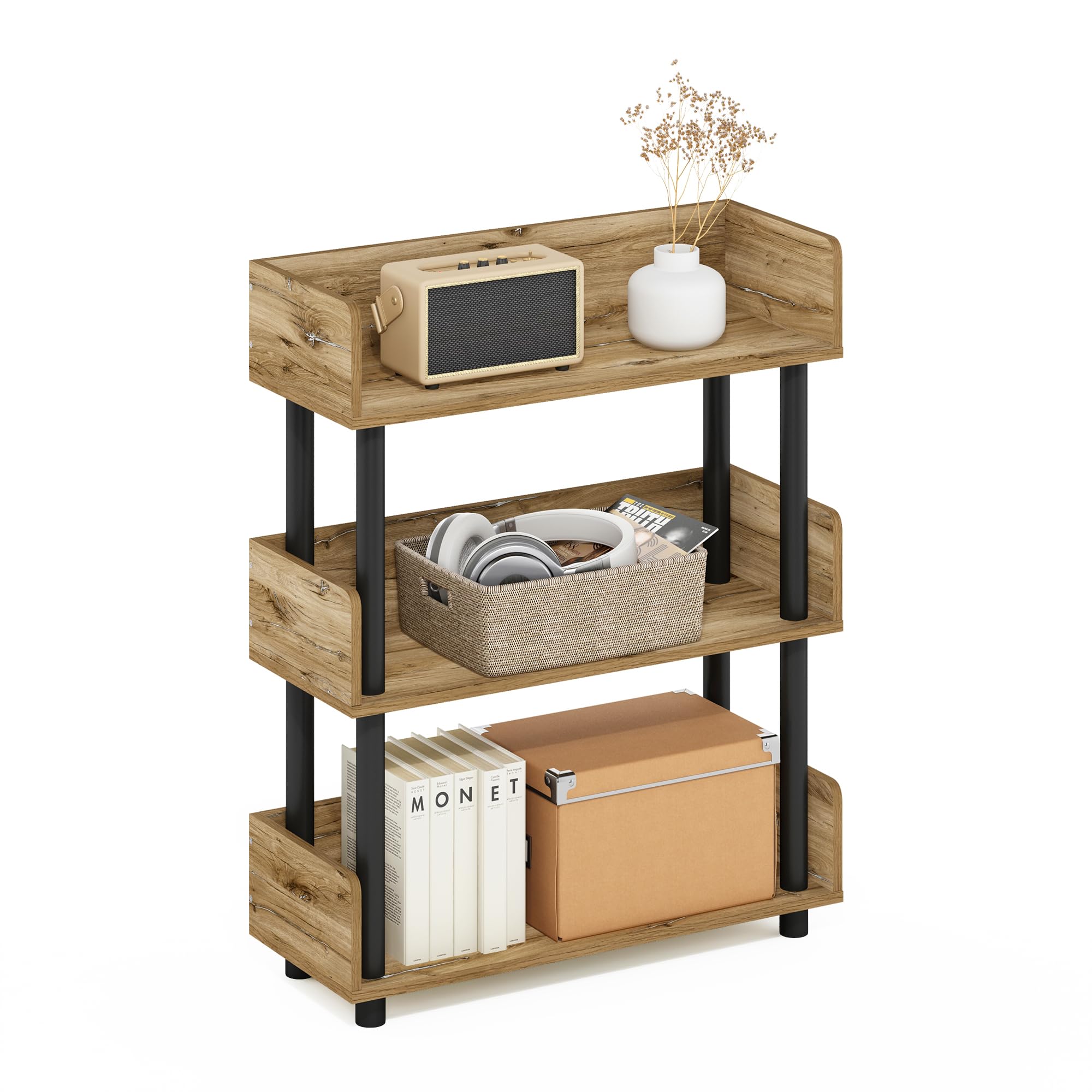 Furinno TURN-N-TUBE Display Shelf, 3-Tier Storage Shelves with Side Panels, Open Shelves Book Shelf with Rounded Corner Top Edges, for Organization