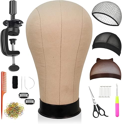 STUDIO LIMITED Kit de iniciación de 12 piezas con cabeza de bloque de lona, cuello largo (12 pulgadas), peluca de cabeza de maniquí y soporte para