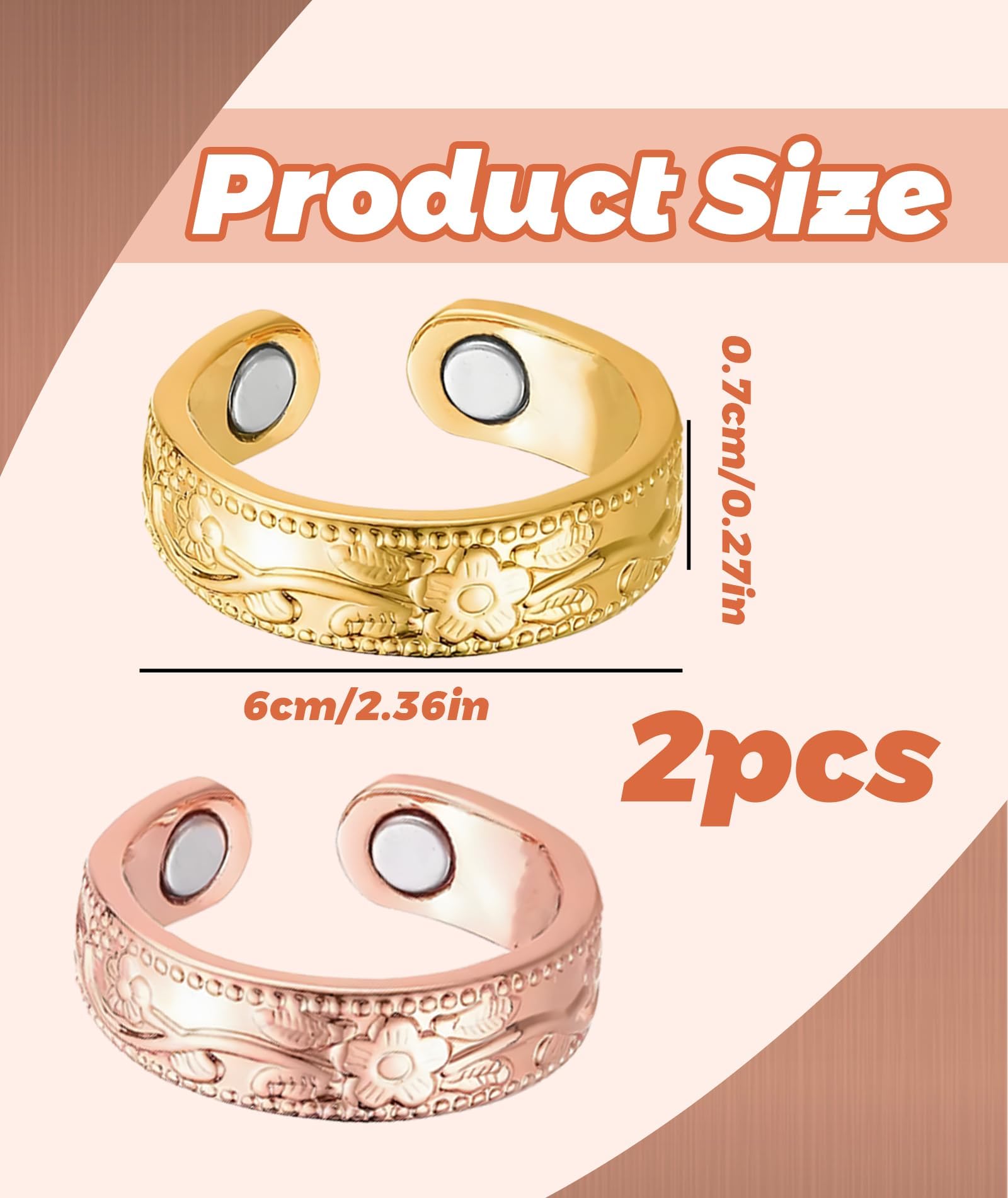 2Pcs Blood Sugar Control Ring Adjustable Magnetic, Copper Ring for Men Therapy Ring for Blood Sugar Management Diabetic Control for Men and Women (Gold, Pink) - Image 7 thumbnail