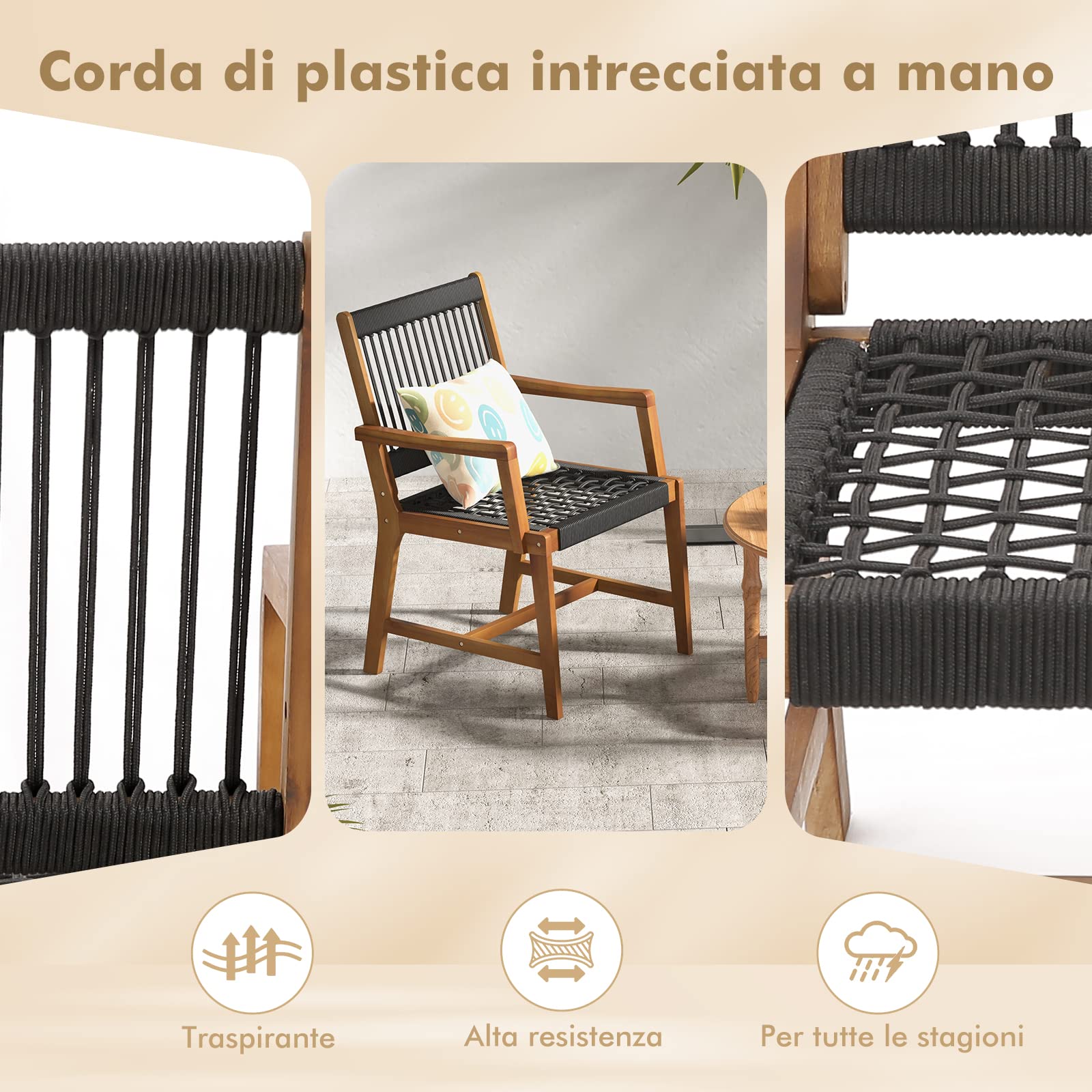 COSTWAY Set 2 Sedie da Giardino in Legno di Acacia Intrecciate | Poltrona da Pranzo per Patio Prato Giardino Portata 160 kg, 57 x 64 x 90 cm